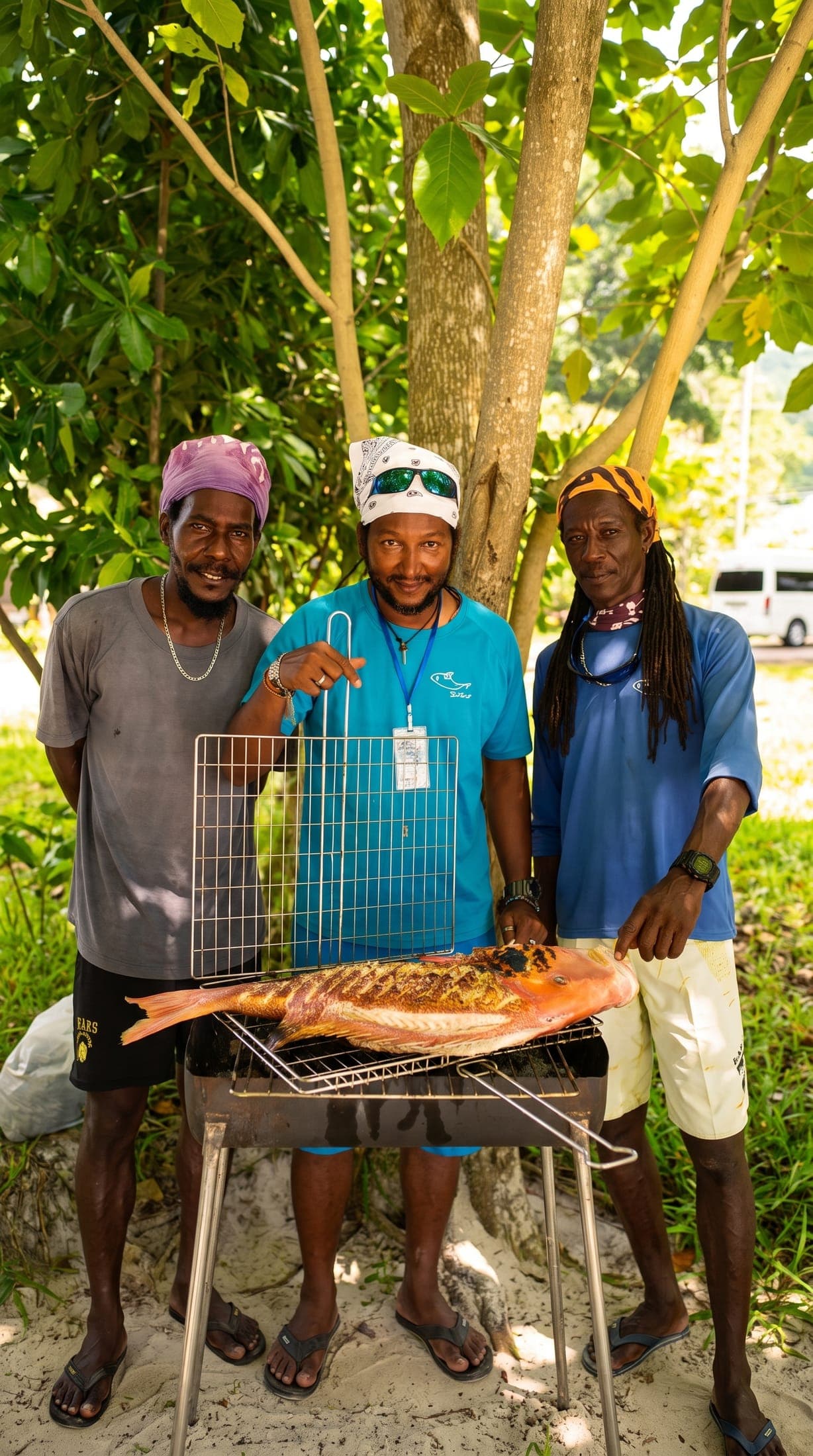 Ziblo crew grilling a fresh-caught fish at a beach BBQ